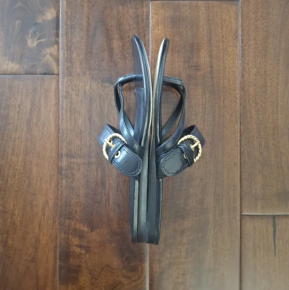 VERONICA BEARD Black Leather Slide Sandals with Gold Tone Buckle - Size 8.5 - Picture 7 of 9